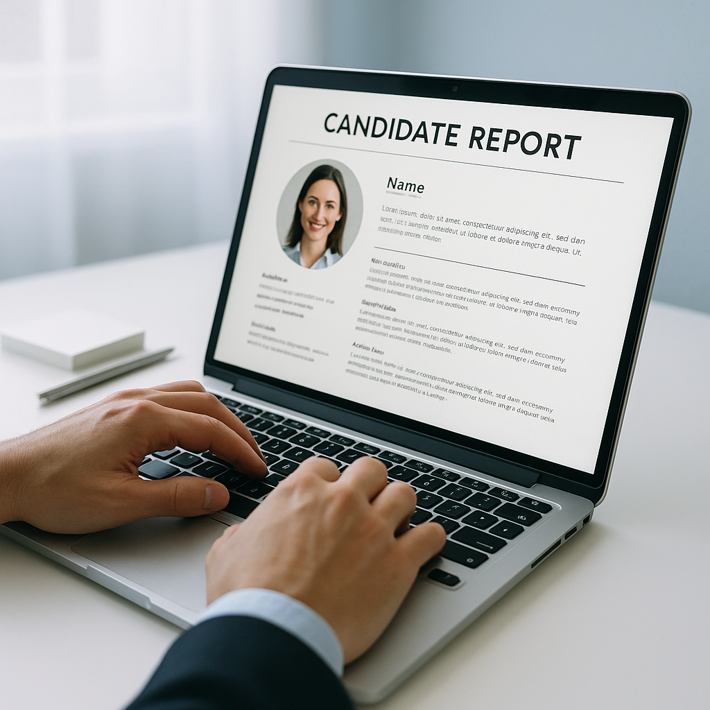 Consultora de RRHH analizando resultados de una evaluación de talento en su escritorio
