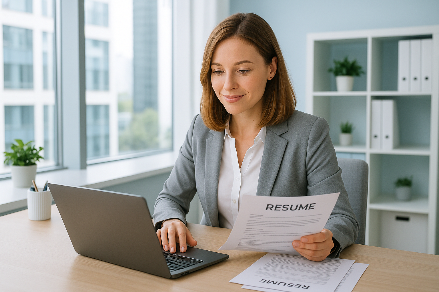 Consultora de recursos humanos revisando currículums en una oficina luminosa